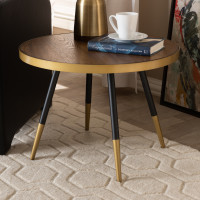 Baxton Studio RS660-W-CT Lauro Modern and Contemporary Round Walnut Wood and Metal Coffee Table with Two-Tone Black and Gold Legs